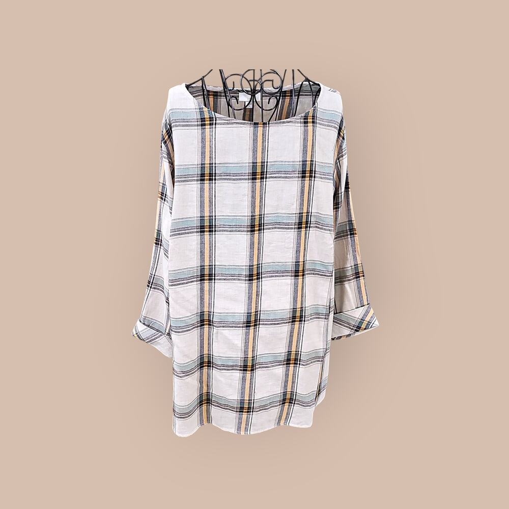 J.Jill Top Plaid 3/4 Sleeves Tan Green Size XL